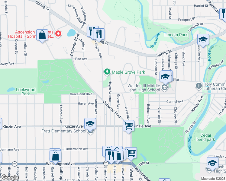 map of restaurants, bars, coffee shops, grocery stores, and more near 601 Hayes Avenue in Racine