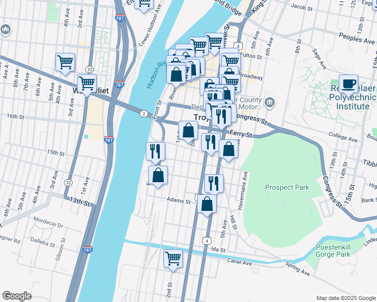 map of restaurants, bars, coffee shops, grocery stores, and more near 2 Irving Place in Troy