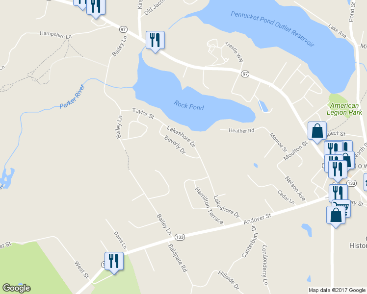 map of restaurants, bars, coffee shops, grocery stores, and more near 21 Beverly Drive in Georgetown