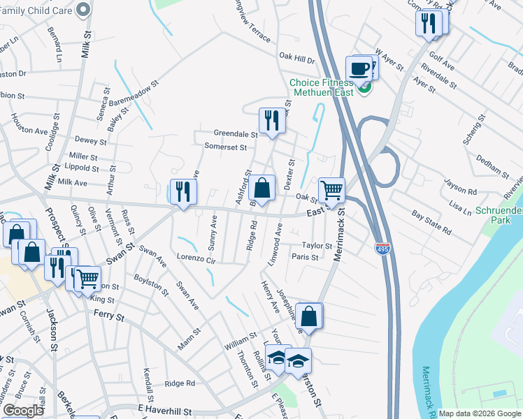 map of restaurants, bars, coffee shops, grocery stores, and more near 193 East Street in Methuen