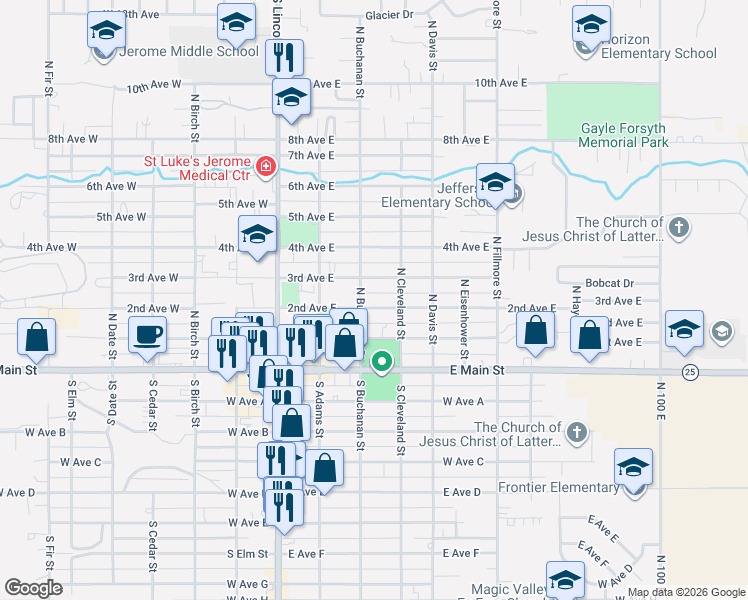 map of restaurants, bars, coffee shops, grocery stores, and more near 305 2nd Avenue East in Jerome