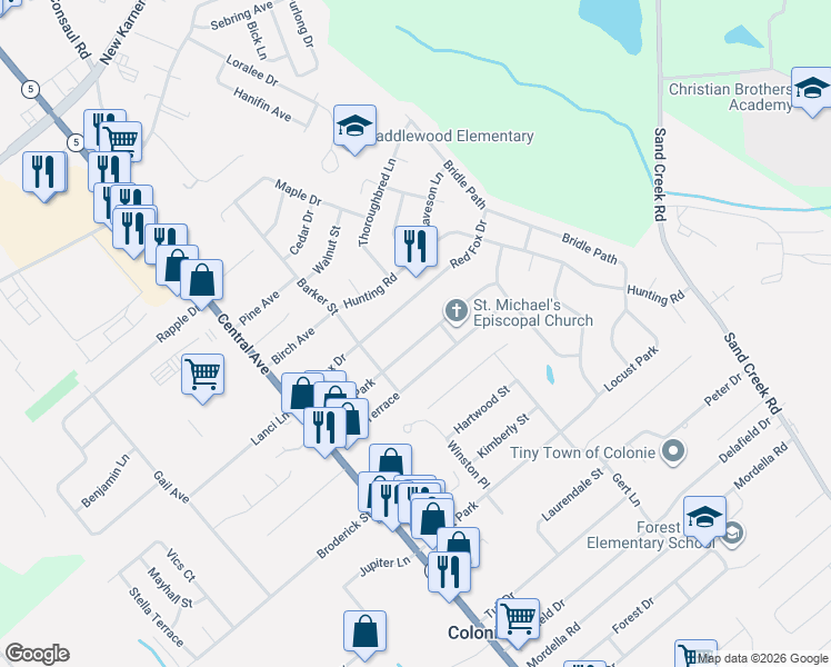 map of restaurants, bars, coffee shops, grocery stores, and more near 38 Killean Park in Colonie