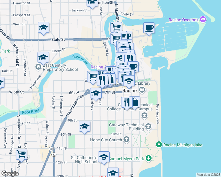 map of restaurants, bars, coffee shops, grocery stores, and more near 415 6th Street in Racine