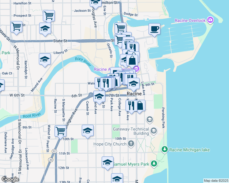 map of restaurants, bars, coffee shops, grocery stores, and more near 415 6th Street in Racine