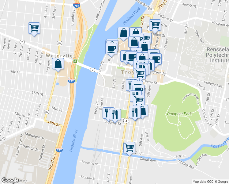 map of restaurants, bars, coffee shops, grocery stores, and more near 116 1st Street in Troy
