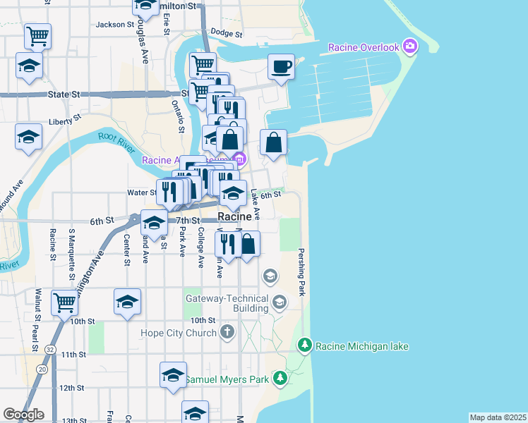 map of restaurants, bars, coffee shops, grocery stores, and more near 72 7th Street in Racine