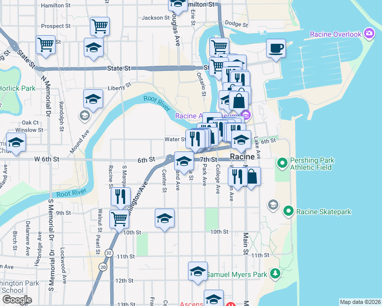 map of restaurants, bars, coffee shops, grocery stores, and more near 599 6th Street in Racine