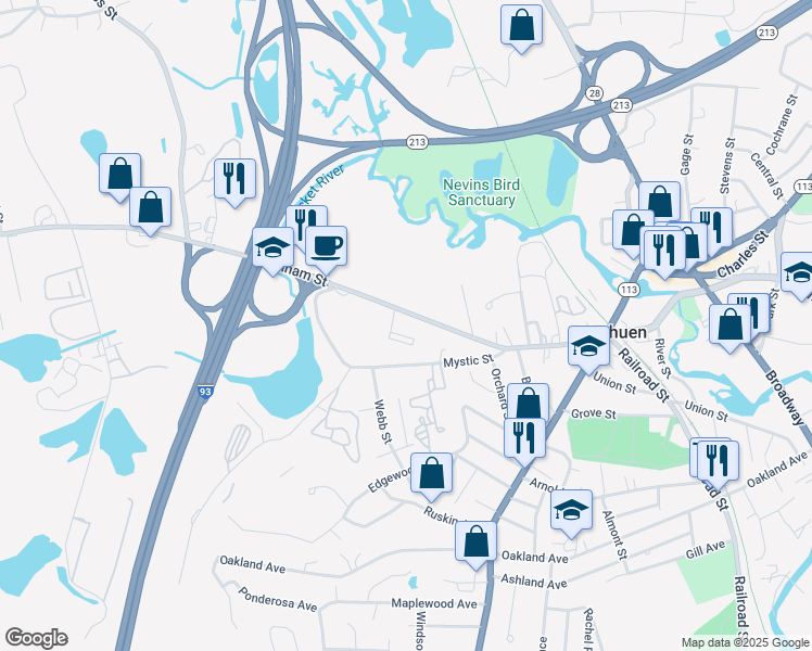 map of restaurants, bars, coffee shops, grocery stores, and more near 136 Pelham Street in Methuen