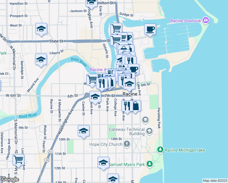 map of restaurants, bars, coffee shops, grocery stores, and more near in Racine