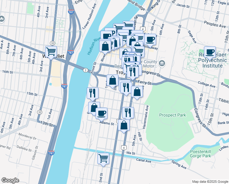 map of restaurants, bars, coffee shops, grocery stores, and more near 2nd Street & Division Street in Troy
