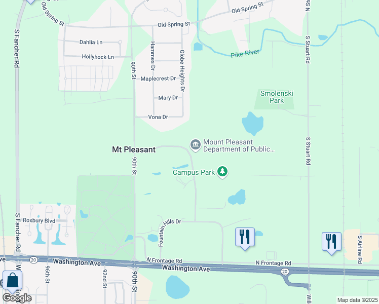 map of restaurants, bars, coffee shops, grocery stores, and more near 8501 Campus Drive in Mount Pleasant