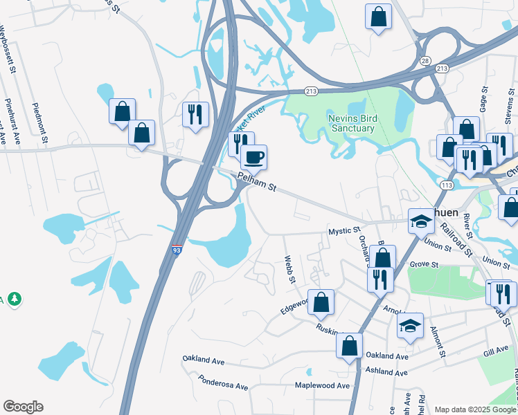 map of restaurants, bars, coffee shops, grocery stores, and more near 65 Mystic Street in Methuen
