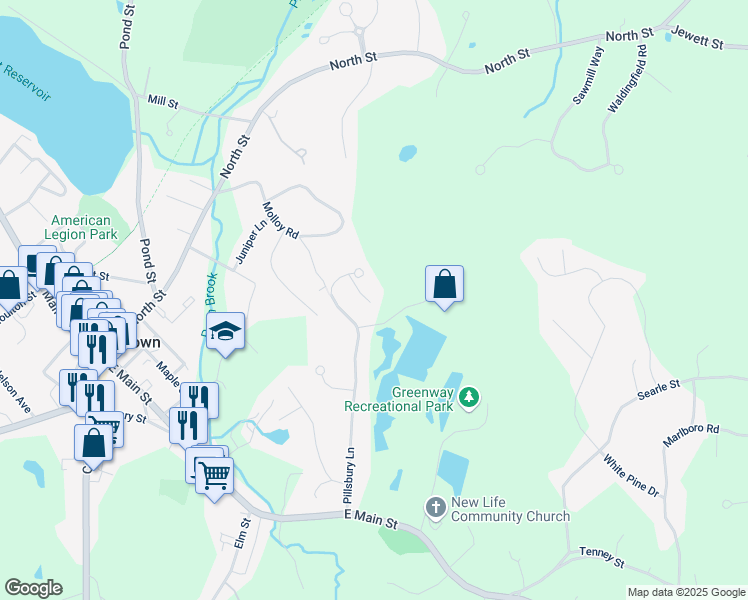 map of restaurants, bars, coffee shops, grocery stores, and more near 33 Pillsbury Lane in Georgetown