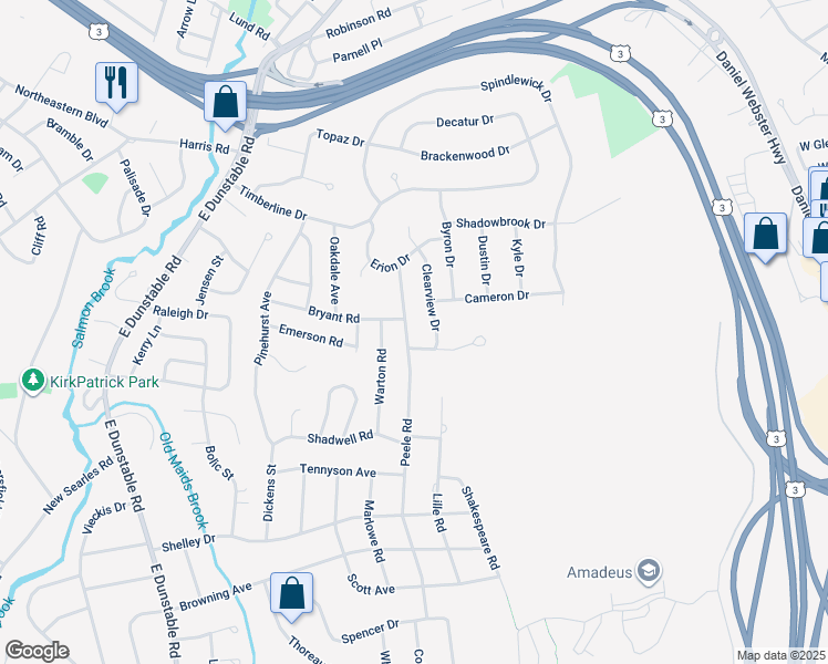 map of restaurants, bars, coffee shops, grocery stores, and more near 99 Peele Road in Nashua