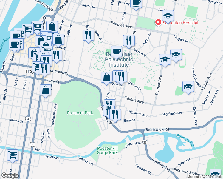 map of restaurants, bars, coffee shops, grocery stores, and more near 75 14th Street in Troy