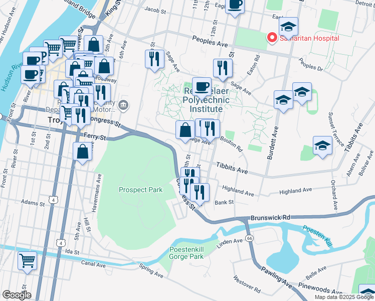 map of restaurants, bars, coffee shops, grocery stores, and more near 75 14th Street in Troy