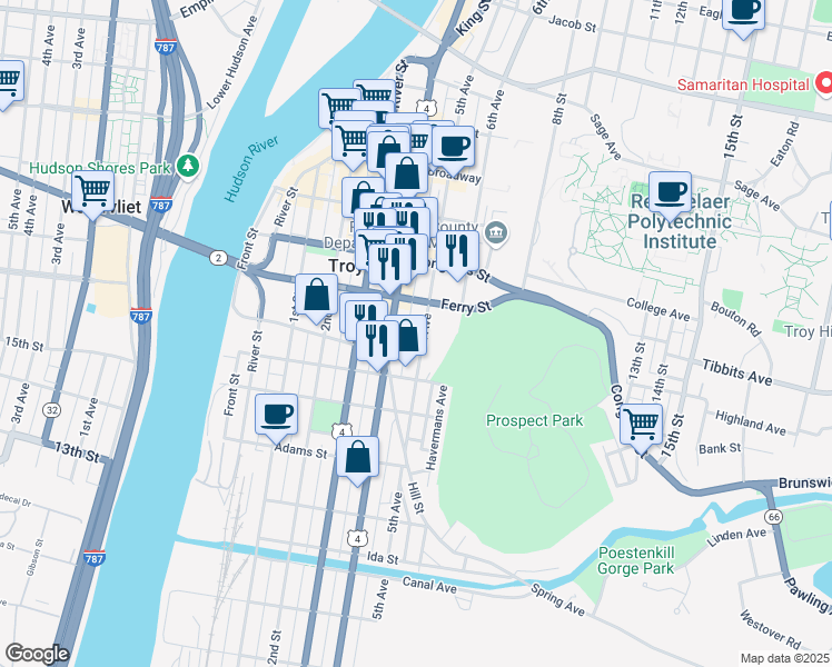 map of restaurants, bars, coffee shops, grocery stores, and more near 1435 5th Avenue in Troy