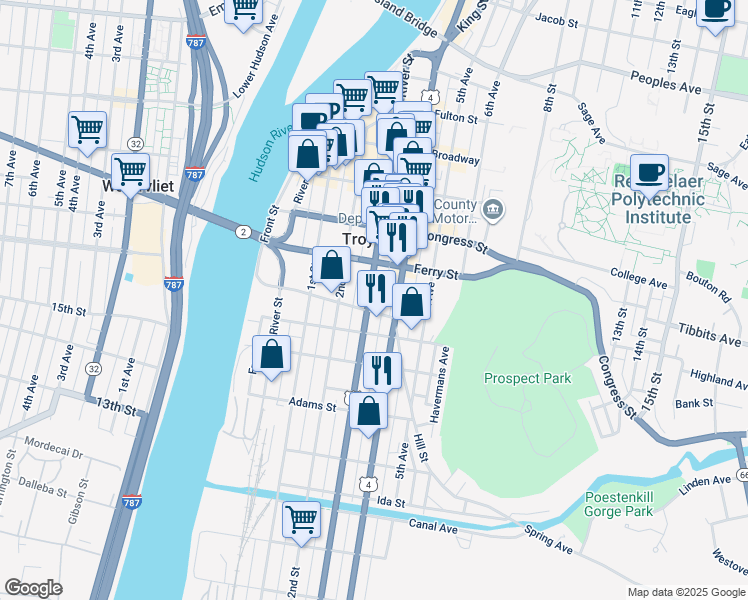 map of restaurants, bars, coffee shops, grocery stores, and more near 80 Division Street in Troy