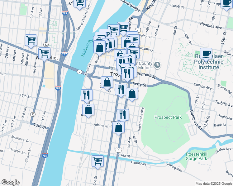 map of restaurants, bars, coffee shops, grocery stores, and more near 56 Division Street in Troy