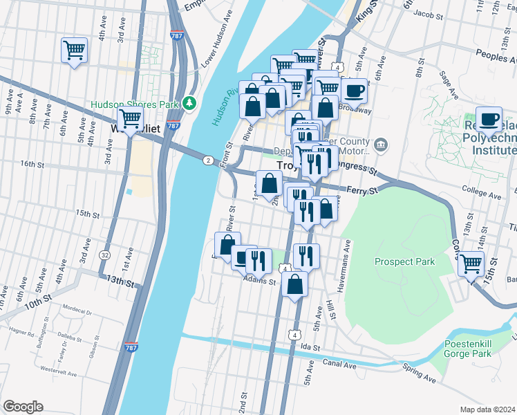 map of restaurants, bars, coffee shops, grocery stores, and more near 128 1st Street in Troy