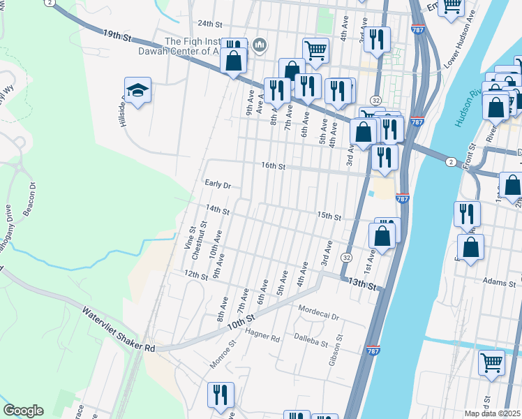 map of restaurants, bars, coffee shops, grocery stores, and more near 1401 7th Avenue in Watervliet