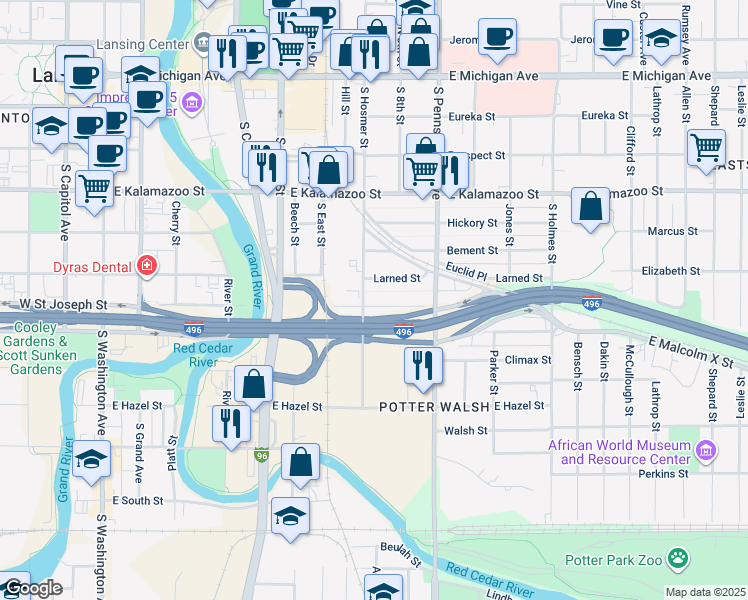 map of restaurants, bars, coffee shops, grocery stores, and more near 835 East Saint Joseph Street in Lansing