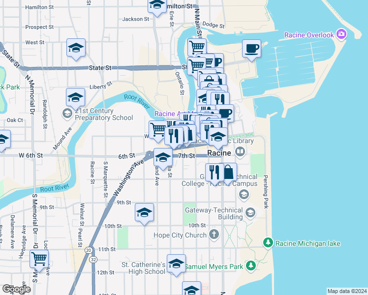 map of restaurants, bars, coffee shops, grocery stores, and more near 730 Wisconsin Avenue in Racine