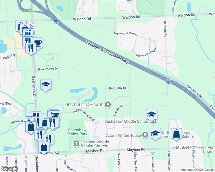 map of restaurants, bars, coffee shops, grocery stores, and more near 5964 Dvorak Street in Clarkston