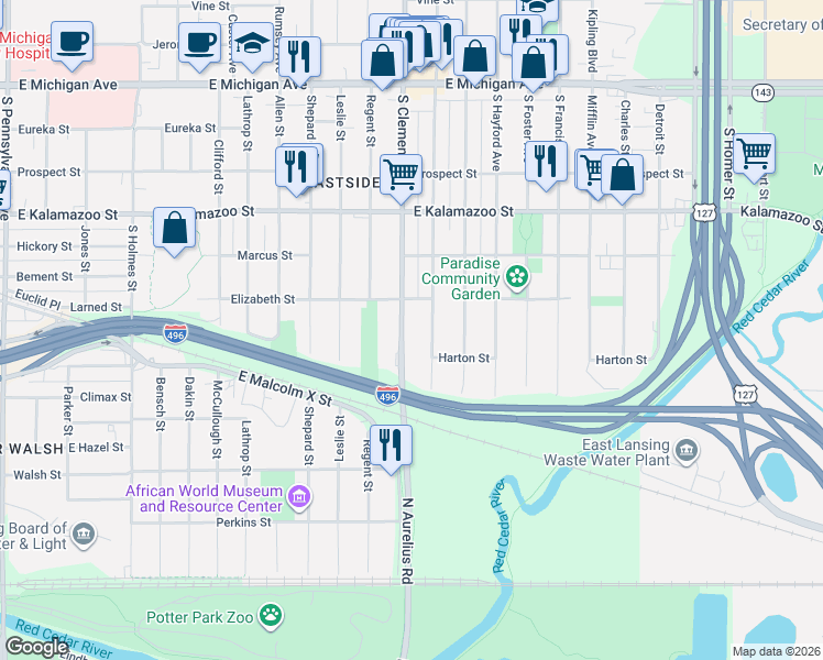 map of restaurants, bars, coffee shops, grocery stores, and more near 645 South Clemens Avenue in Lansing