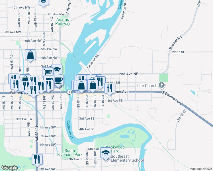 map of restaurants, bars, coffee shops, grocery stores, and more near 415 East Bremer Avenue in Waverly