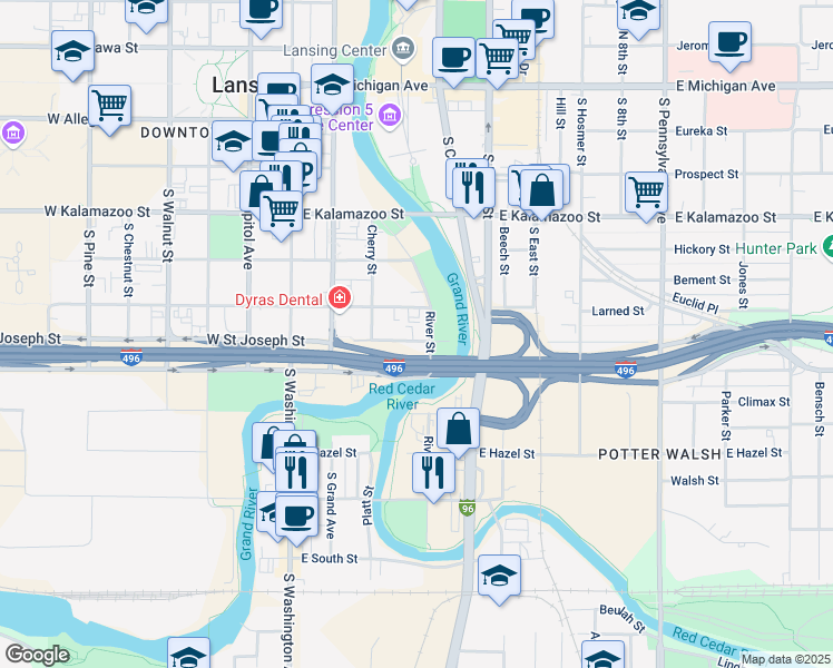 map of restaurants, bars, coffee shops, grocery stores, and more near 339 East Saint Joseph Street in Lansing