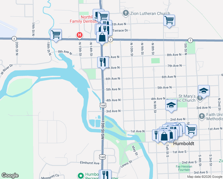 map of restaurants, bars, coffee shops, grocery stores, and more near 501 North 12th Street in Humboldt