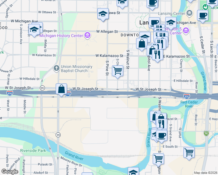 map of restaurants, bars, coffee shops, grocery stores, and more near 518 West Saint Joseph Street in Lansing
