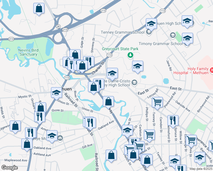 map of restaurants, bars, coffee shops, grocery stores, and more near 15 19 Park Street in Methuen