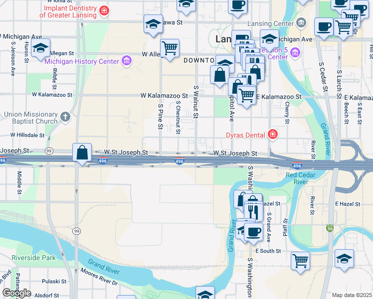 map of restaurants, bars, coffee shops, grocery stores, and more near 416 West Saint Joseph Street in Lansing