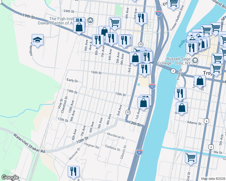 map of restaurants, bars, coffee shops, grocery stores, and more near 1417 4th Avenue in Watervliet
