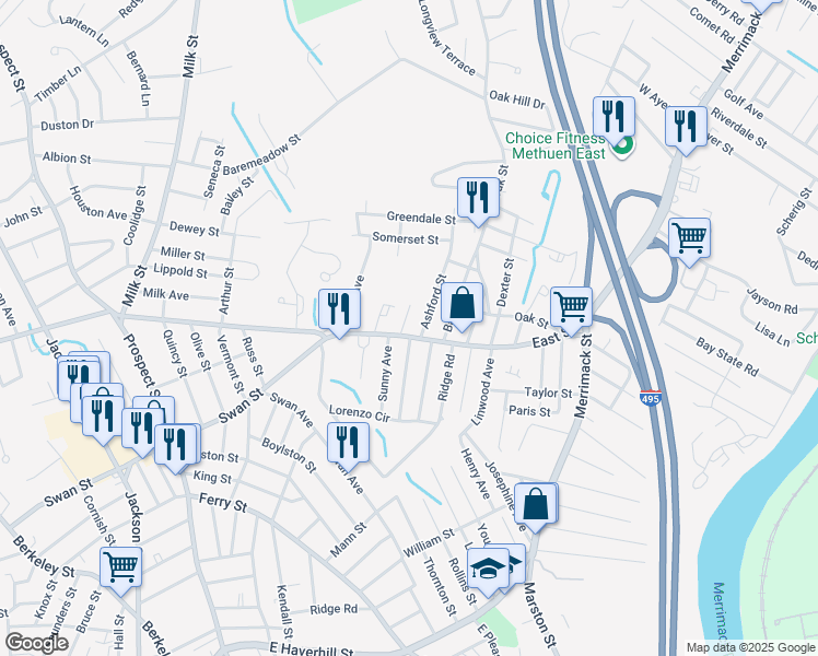 map of restaurants, bars, coffee shops, grocery stores, and more near 4 Sunny Avenue in Methuen