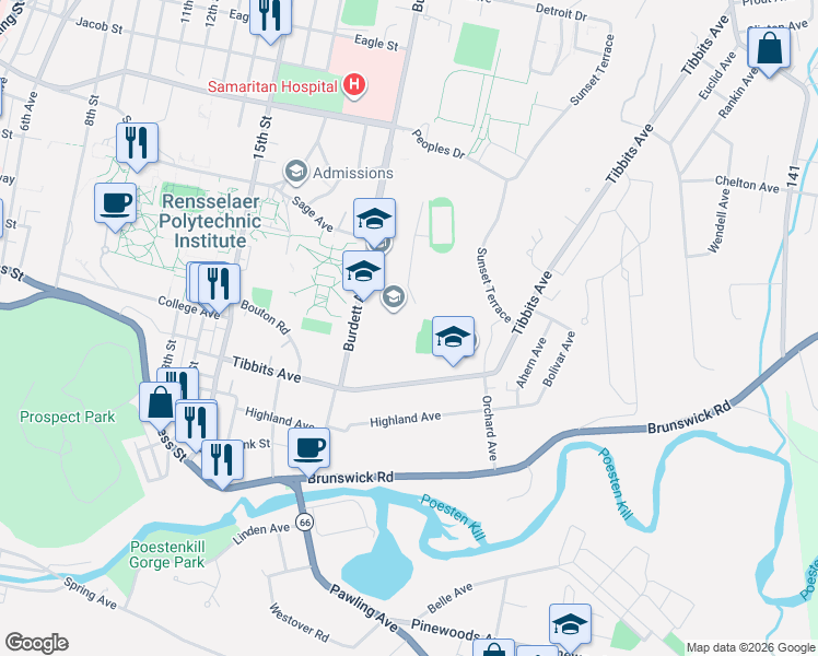 map of restaurants, bars, coffee shops, grocery stores, and more near 1950 Burdett Avenue in Troy