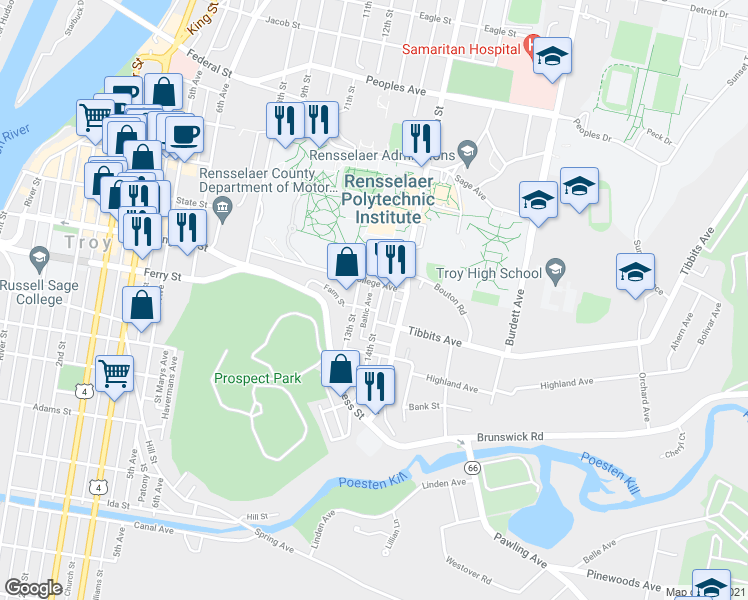 map of restaurants, bars, coffee shops, grocery stores, and more near 75 14th Street in Troy