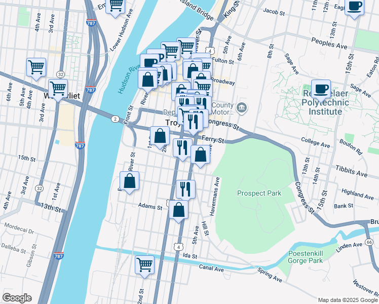 map of restaurants, bars, coffee shops, grocery stores, and more near 80 Division Street in Troy