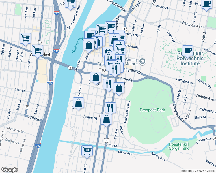 map of restaurants, bars, coffee shops, grocery stores, and more near 80 Division Street in Troy