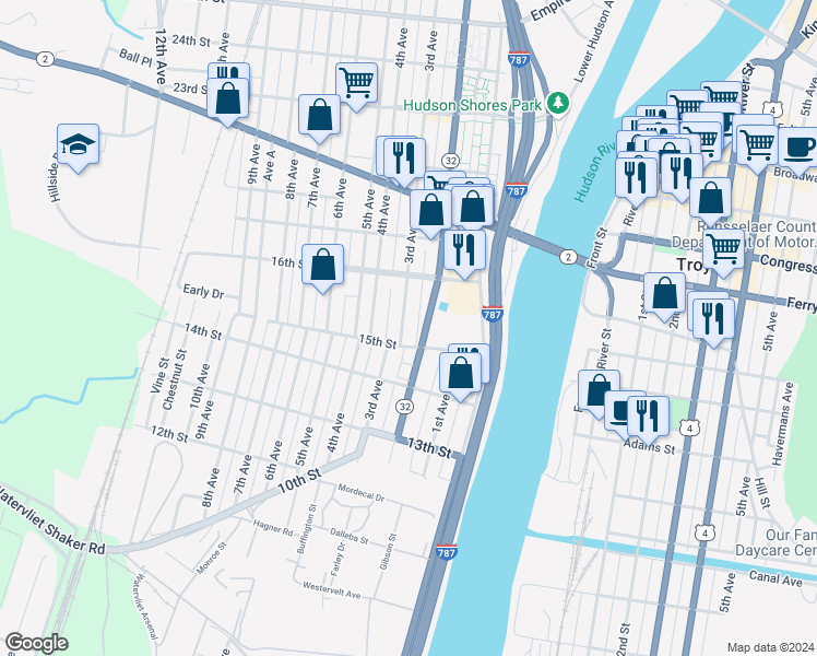 map of restaurants, bars, coffee shops, grocery stores, and more near 1501 2nd Avenue in Watervliet