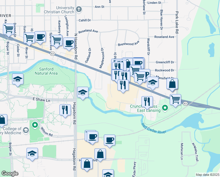 map of restaurants, bars, coffee shops, grocery stores, and more near 2900 Northwind Drive in East Lansing