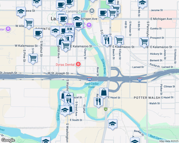 map of restaurants, bars, coffee shops, grocery stores, and more near 621 Cherry Street in Lansing