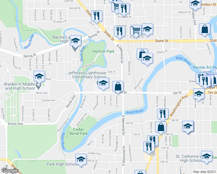 map of restaurants, bars, coffee shops, grocery stores, and more near 1604 West 6th Street in Racine