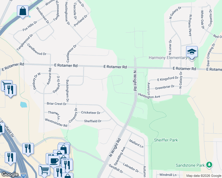 map of restaurants, bars, coffee shops, grocery stores, and more near 3816 Huntington Court in Janesville