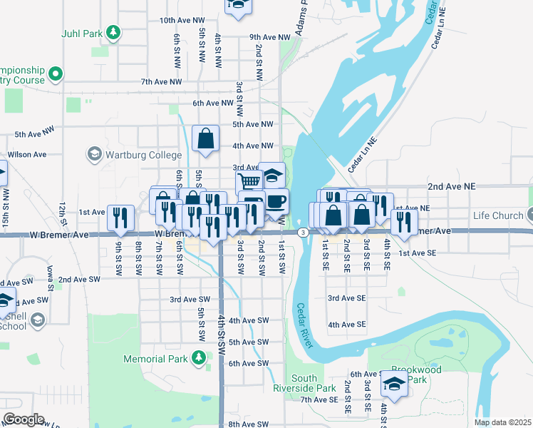 map of restaurants, bars, coffee shops, grocery stores, and more near 200 West Bremer Avenue in Waverly