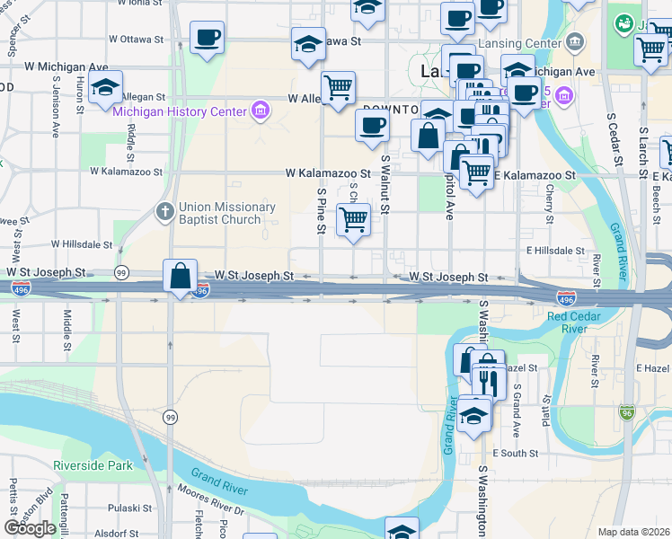 map of restaurants, bars, coffee shops, grocery stores, and more near 518 West Saint Joseph Street in Lansing