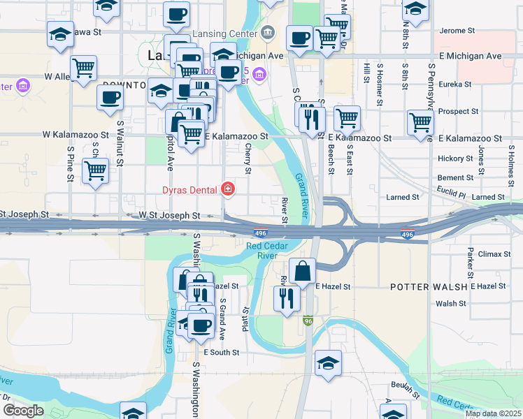 map of restaurants, bars, coffee shops, grocery stores, and more near 621 Cherry Street in Lansing