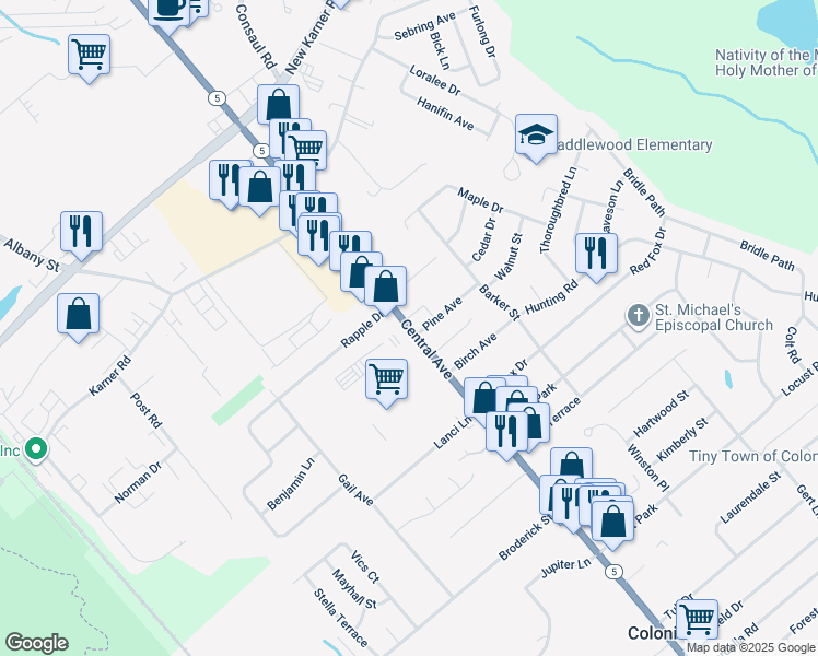 map of restaurants, bars, coffee shops, grocery stores, and more near 1756 Central Avenue in Colonie